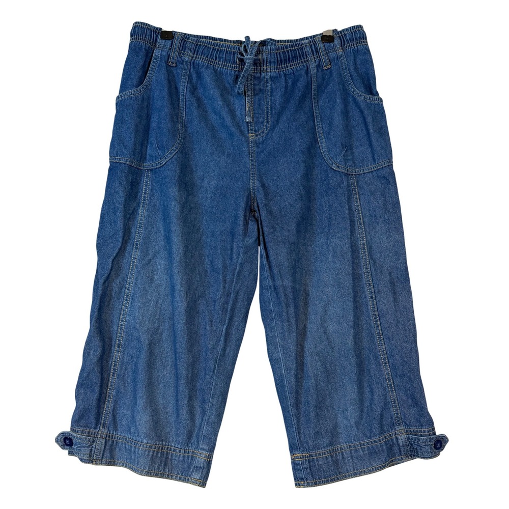 Karen Scott Womens Blue Denim Capri Pants Elastic Drawstring •S• Coastal Grandma